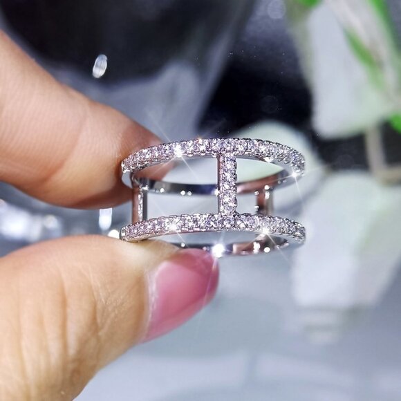 🌸Trendy CZ Glitter Micro Pave Silver Double Layer Hollow Fashion Ring,UNVN12223 - Picture 3 of 6